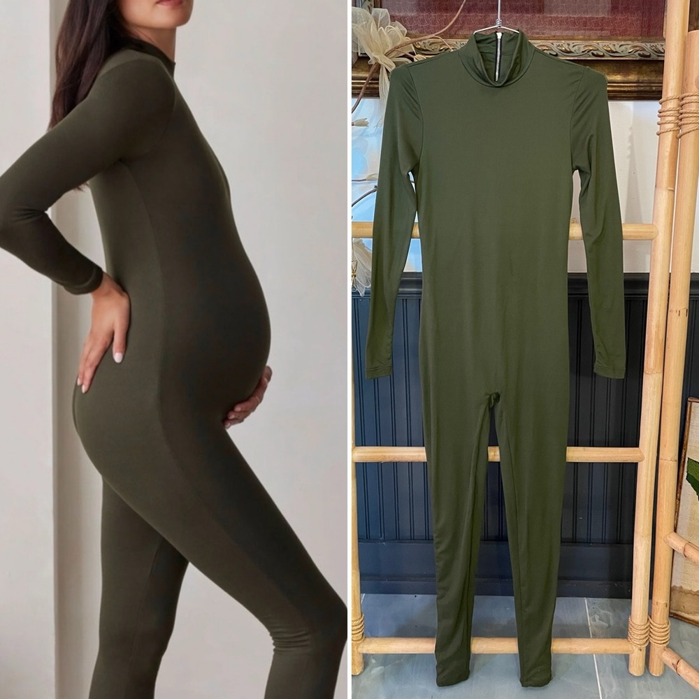 BumpSuit Gigi Jumpsuit Long Sleeve Mock Neck Olive Green Maternity - Sz XS 🧡🎀